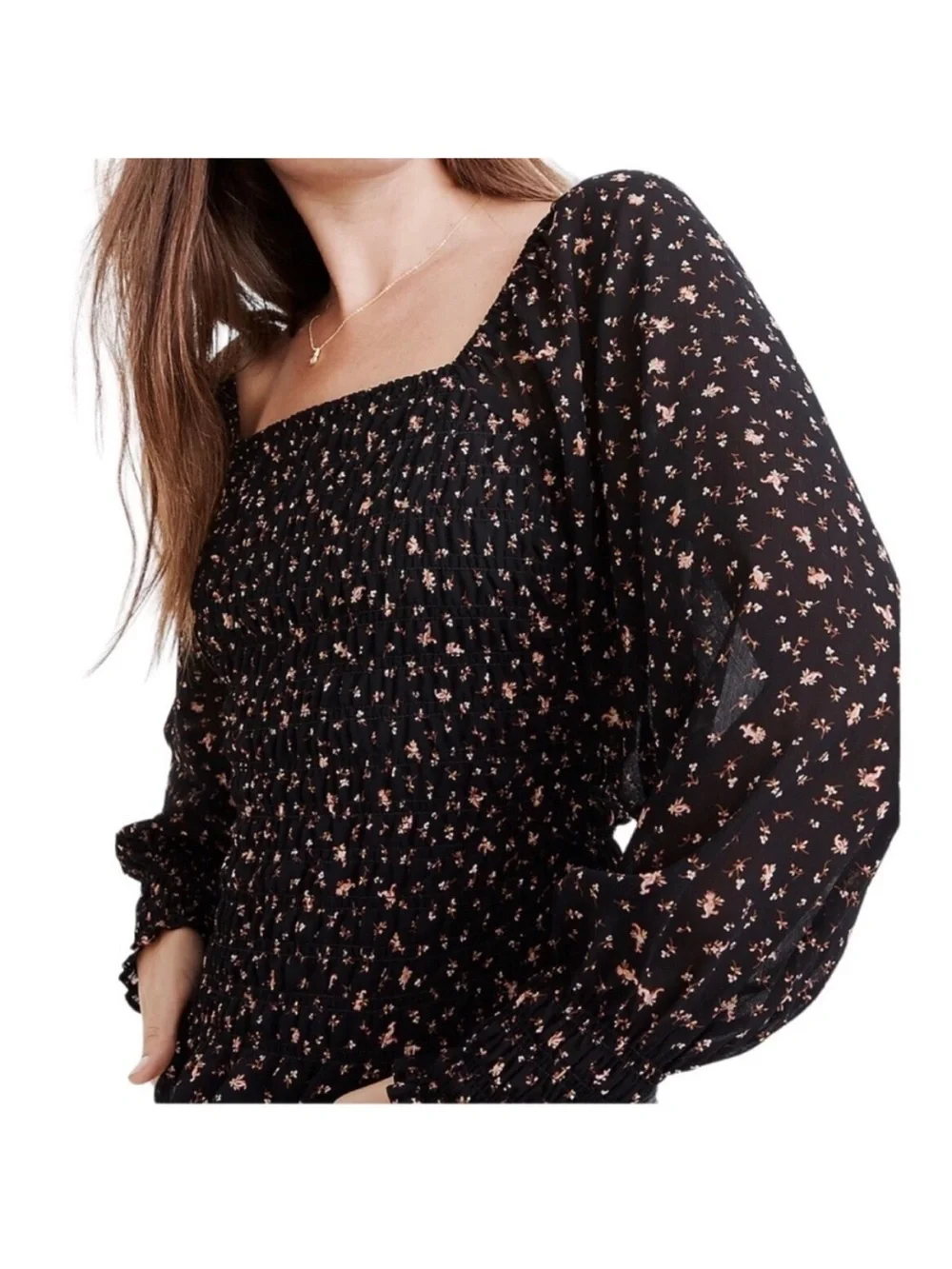 Madewell black Floral Smocked Square-Neck Top size 6